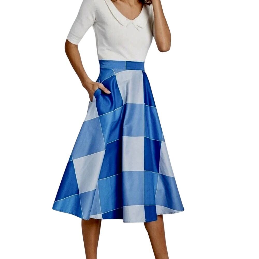 ModCloth x Collectif Veronique Geo Windowpane Check Skirt 50's Look Swing 22